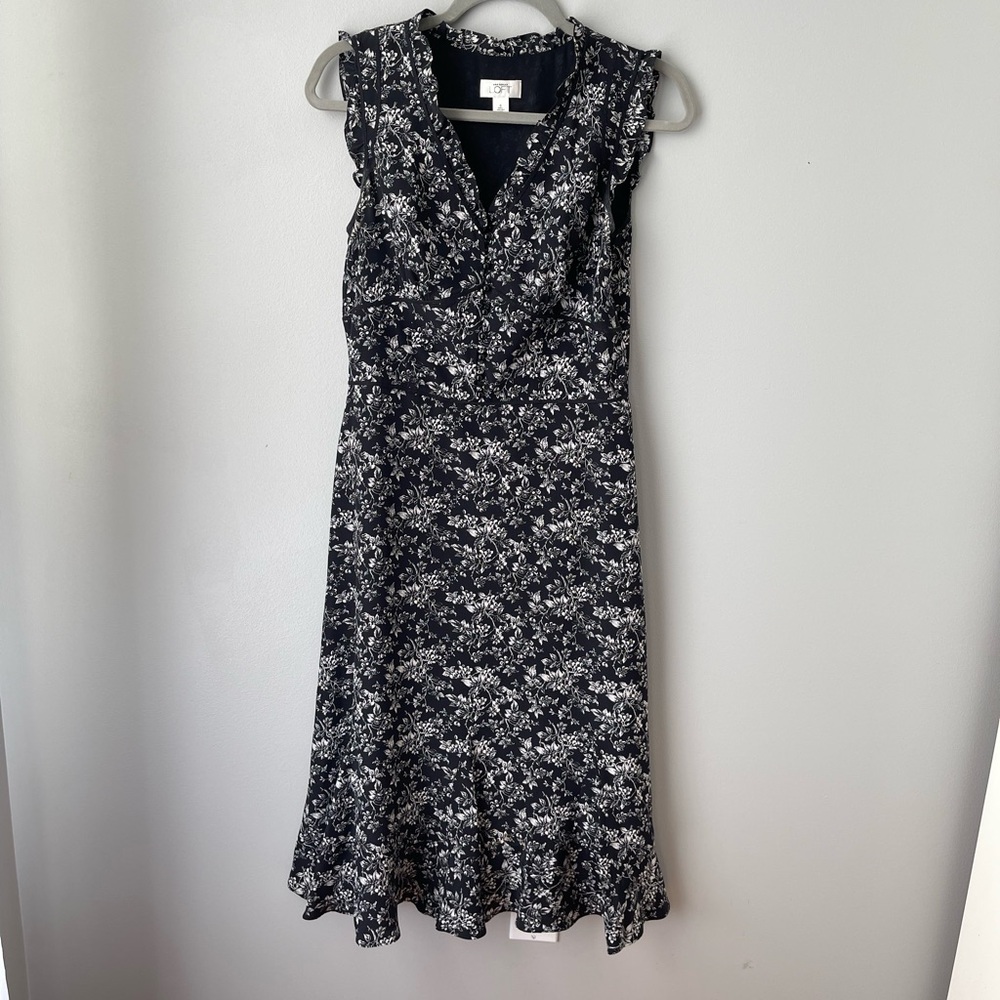 LOFT Black and White Ruffled Tiered Midi Dress